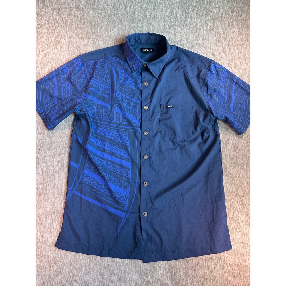 Tanoa Mens Polynesian Tribal Print Button Up Shirt Navy Blue Short Sleeve M